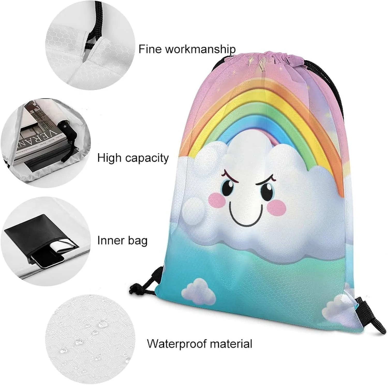 Drawstring Backpack Bulk String Bag Waterproof Drawstring Bag Cartoon Smiling Cloud Rainbow Cinch Bag Adult Gym Bag for Sport, 35*42cm