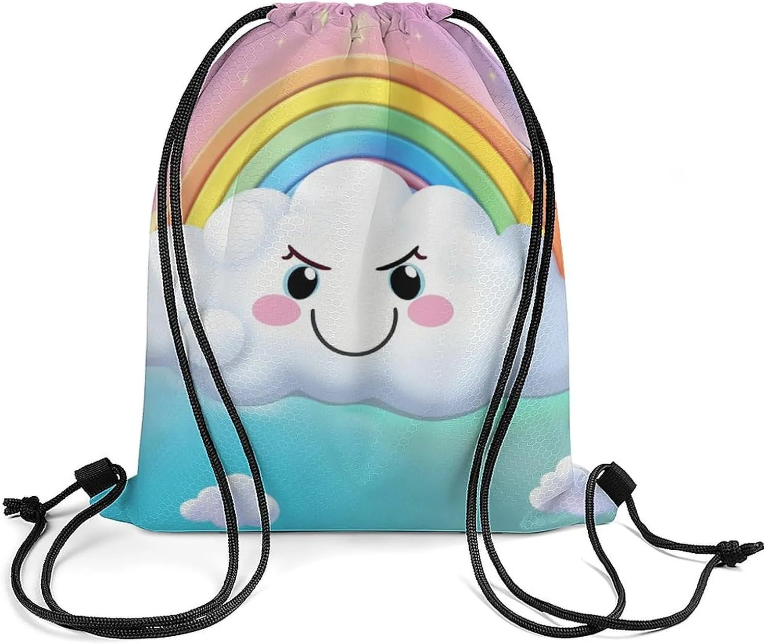 Drawstring Backpack Bulk String Bag Waterproof Drawstring Bag Cartoon Smiling Cloud Rainbow Cinch Bag Adult Gym Bag for Sport, 35*42cm