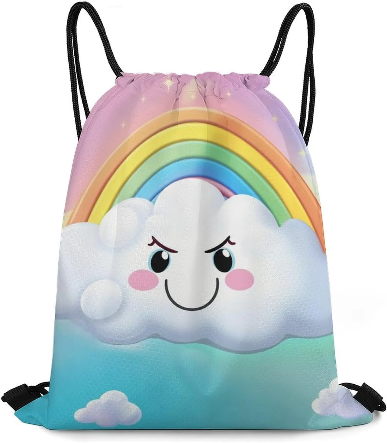 Drawstring Backpack Bulk String Bag Waterproof Drawstring Bag Cartoon Smiling Cloud Rainbow Cinch Bag Adult Gym Bag for Sport, 35*42cm