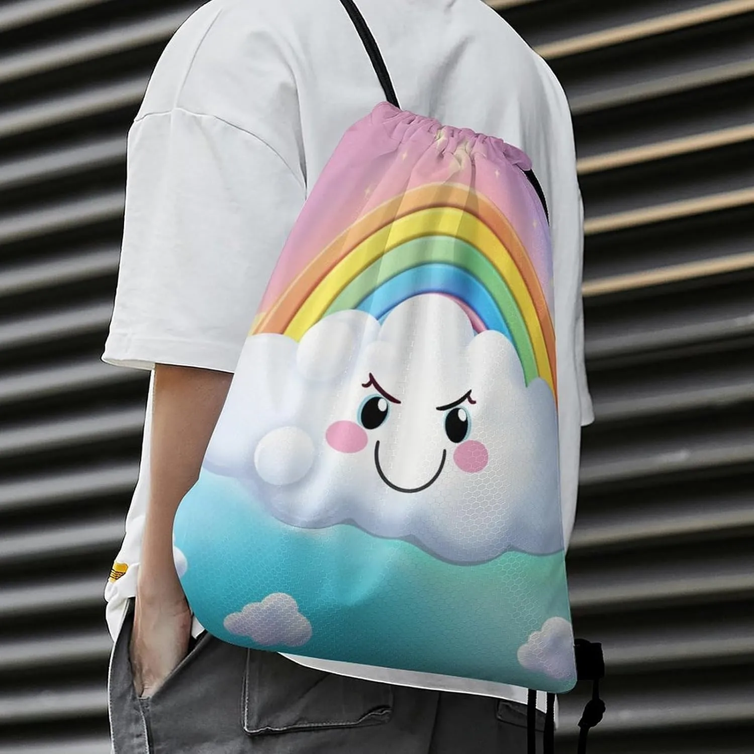 Drawstring Backpack Bulk String Bag Waterproof Drawstring Bag Cartoon Smiling Cloud Rainbow Cinch Bag Adult Gym Bag for Sport, 35*42cm