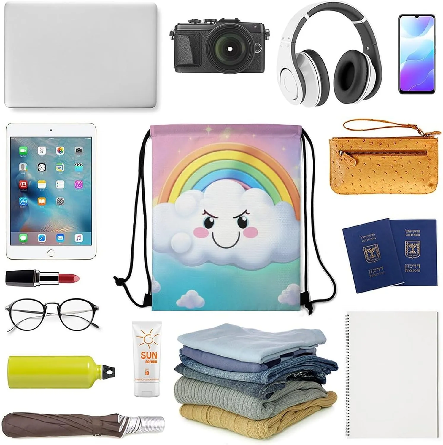 Drawstring Backpack Bulk String Bag Waterproof Drawstring Bag Cartoon Smiling Cloud Rainbow Cinch Bag Adult Gym Bag for Sport, 35*42cm