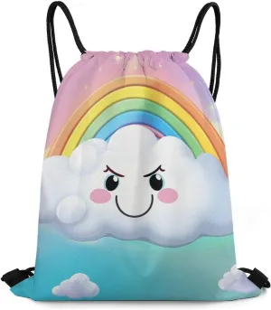 Drawstring Backpack Bulk String Bag Waterproof Drawstring Bag Cartoon Smiling Cloud Rainbow Cinch Bag Adult Gym Bag for Sport, 35*42cm