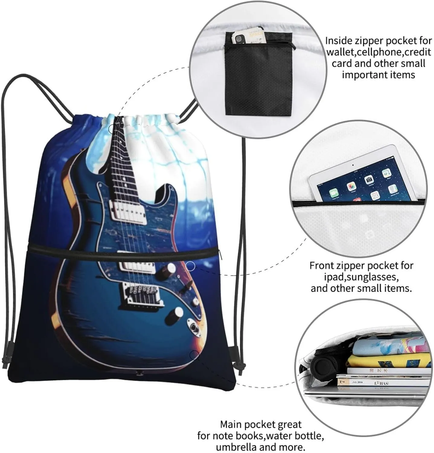 Drawstring Backpack Sports Gym Bags Blue Guitar Drawstring Bags for Men Women Beach Bag String Bag