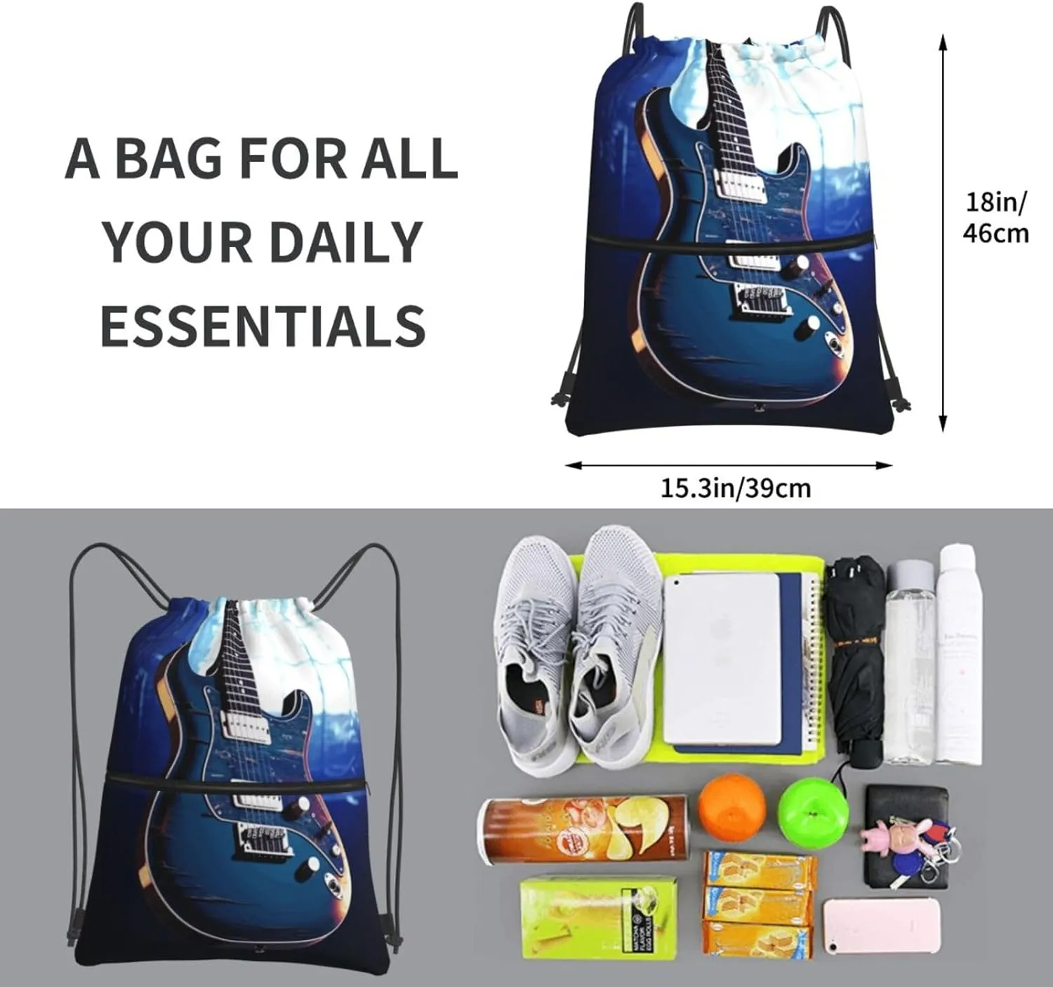 Drawstring Backpack Sports Gym Bags Blue Guitar Drawstring Bags for Men Women Beach Bag String Bag