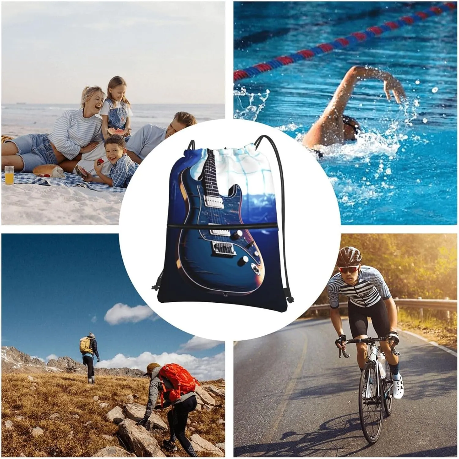 Drawstring Backpack Sports Gym Bags Blue Guitar Drawstring Bags for Men Women Beach Bag String Bag