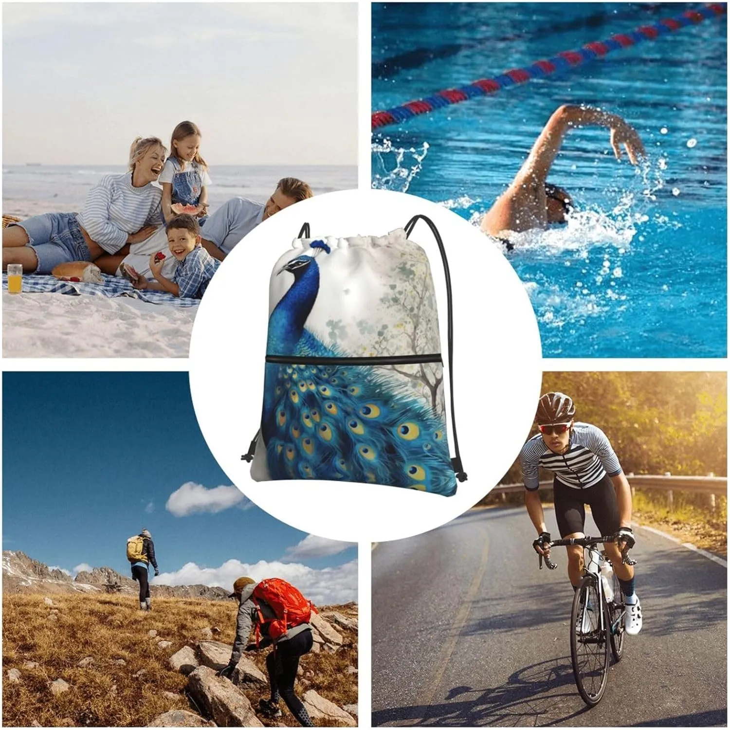 Drawstring Backpack Sports Gym Bags Blue Peacock Drawstring Bags for Men Women Beach Bag String Bag