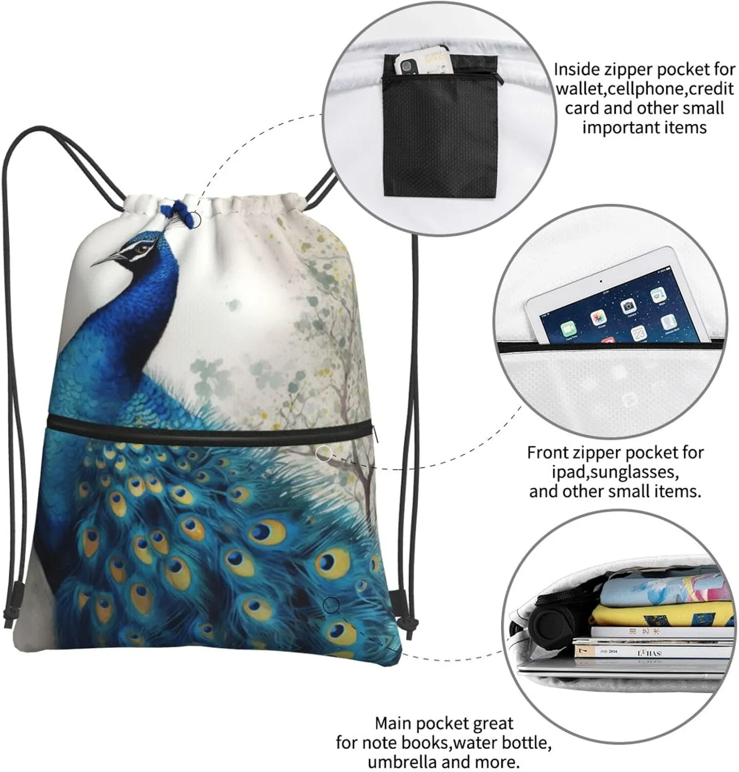 Drawstring Backpack Sports Gym Bags Blue Peacock Drawstring Bags for Men Women Beach Bag String Bag
