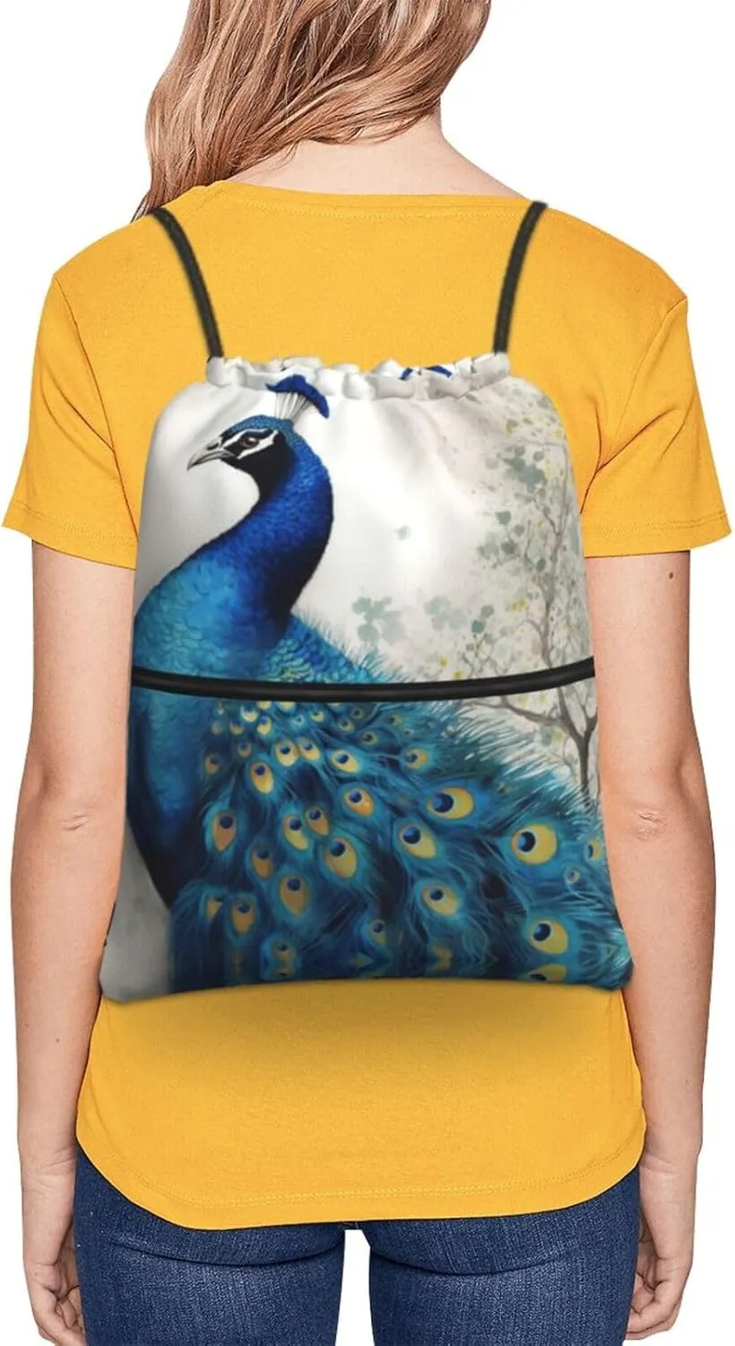 Drawstring Backpack Sports Gym Bags Blue Peacock Drawstring Bags for Men Women Beach Bag String Bag