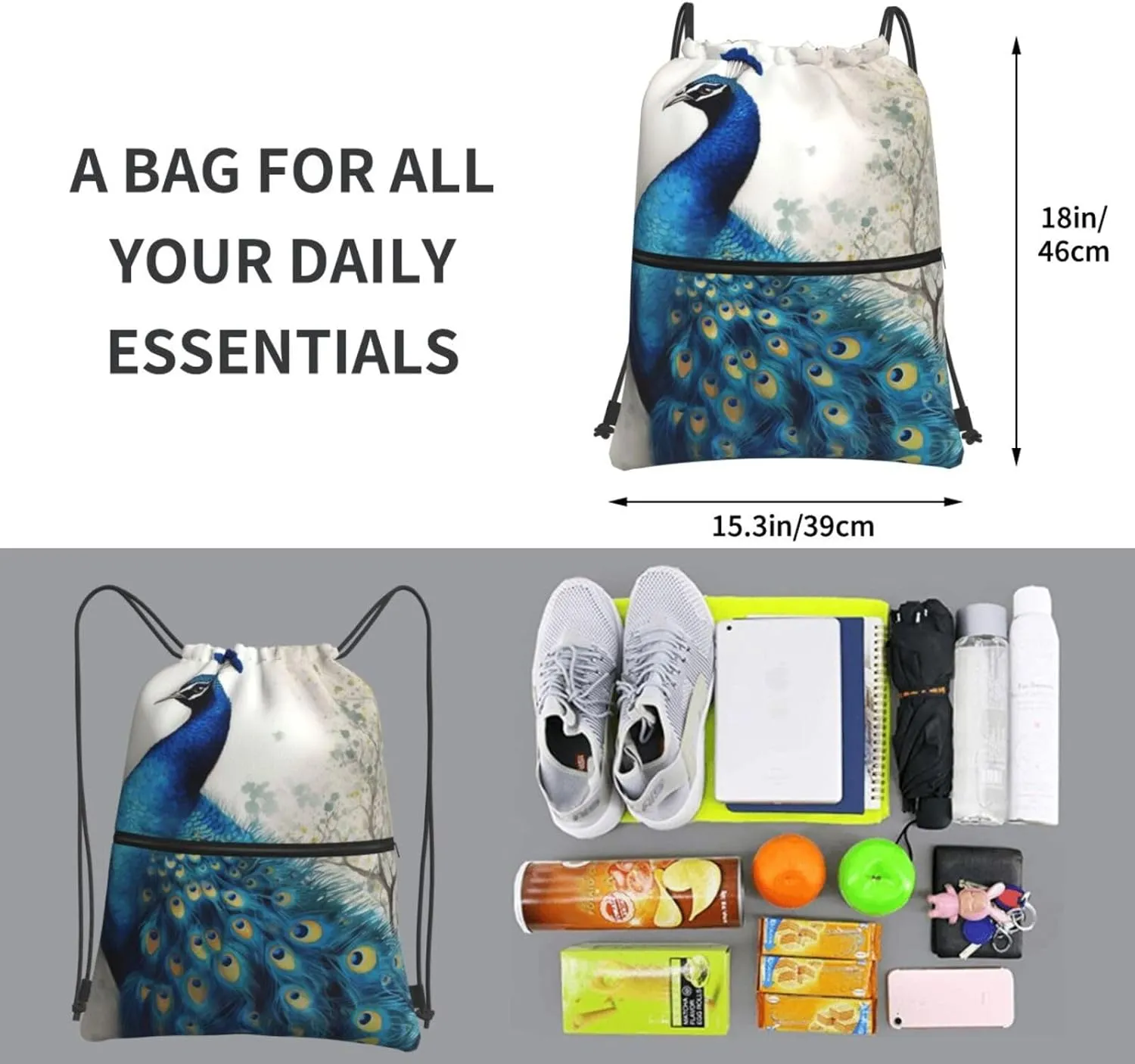Drawstring Backpack Sports Gym Bags Blue Peacock Drawstring Bags for Men Women Beach Bag String Bag