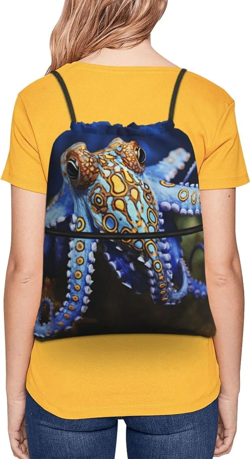Drawstring Backpack Sports Gym Bags Blue Ringed Octopus Drawstring Bags for Men Women Beach Bag String Bag
