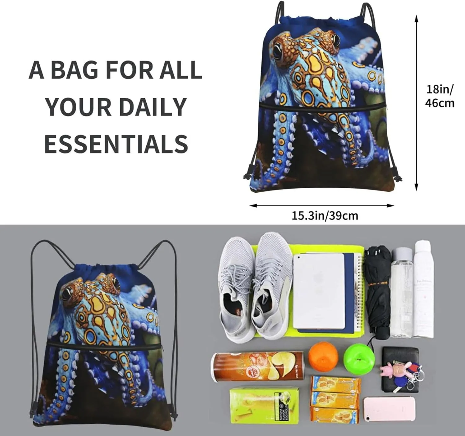 Drawstring Backpack Sports Gym Bags Blue Ringed Octopus Drawstring Bags for Men Women Beach Bag String Bag