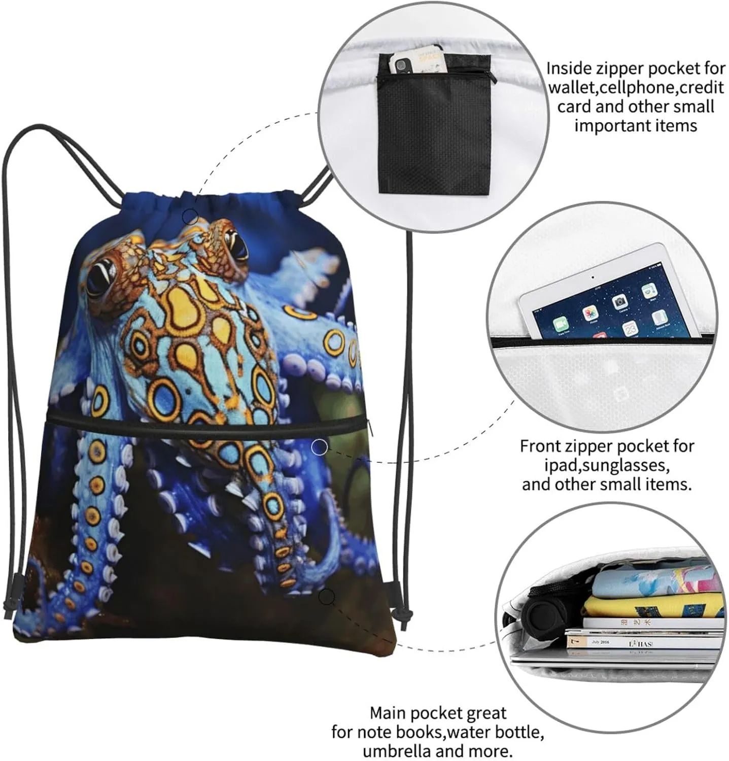 Drawstring Backpack Sports Gym Bags Blue Ringed Octopus Drawstring Bags for Men Women Beach Bag String Bag