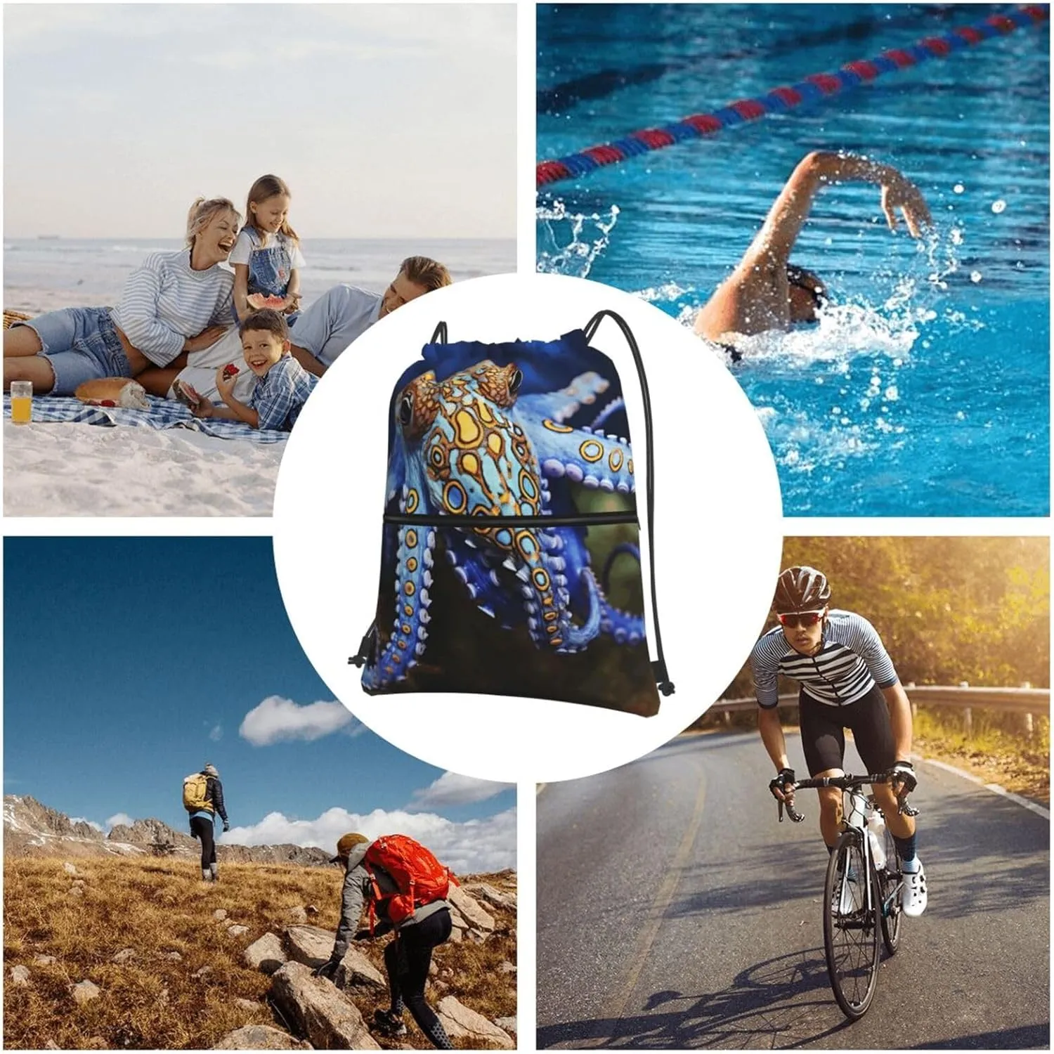 Drawstring Backpack Sports Gym Bags Blue Ringed Octopus Drawstring Bags for Men Women Beach Bag String Bag