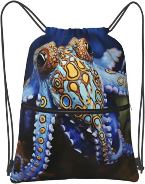 Drawstring Backpack Sports Gym Bags Blue Ringed Octopus Drawstring Bags for Men Women Beach Bag String Bag