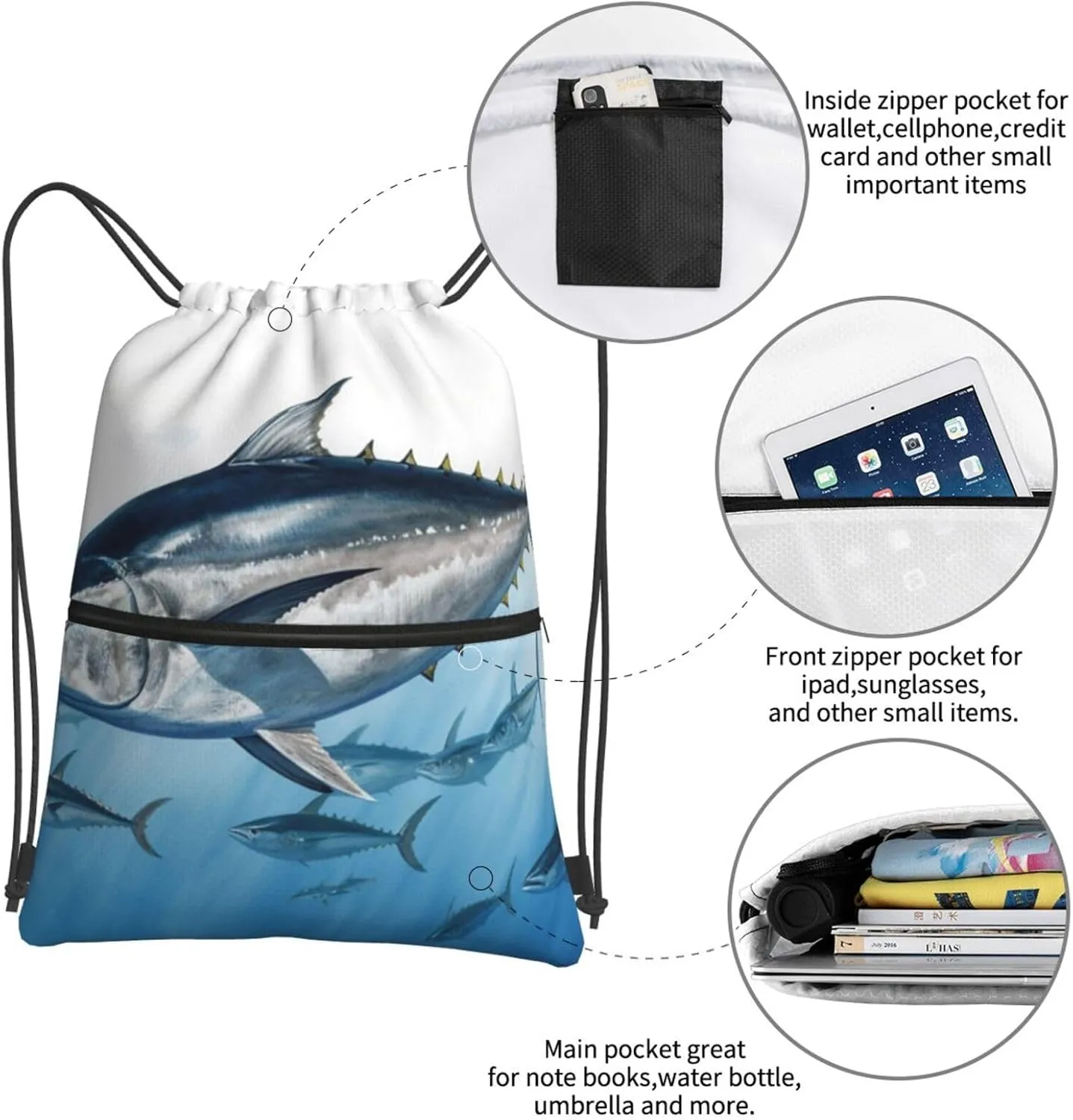 Drawstring Backpack Sports Gym Bags Bluefin Tuna Thunnus Drawstring Bags for Men Women Beach Bag String Bag