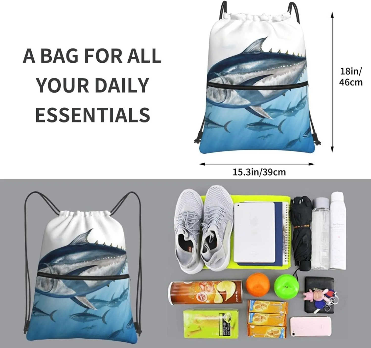 Drawstring Backpack Sports Gym Bags Bluefin Tuna Thunnus Drawstring Bags for Men Women Beach Bag String Bag