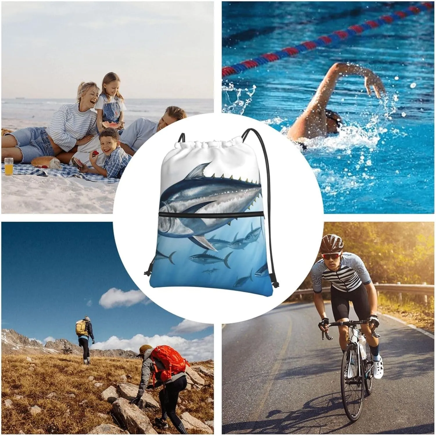 Drawstring Backpack Sports Gym Bags Bluefin Tuna Thunnus Drawstring Bags for Men Women Beach Bag String Bag