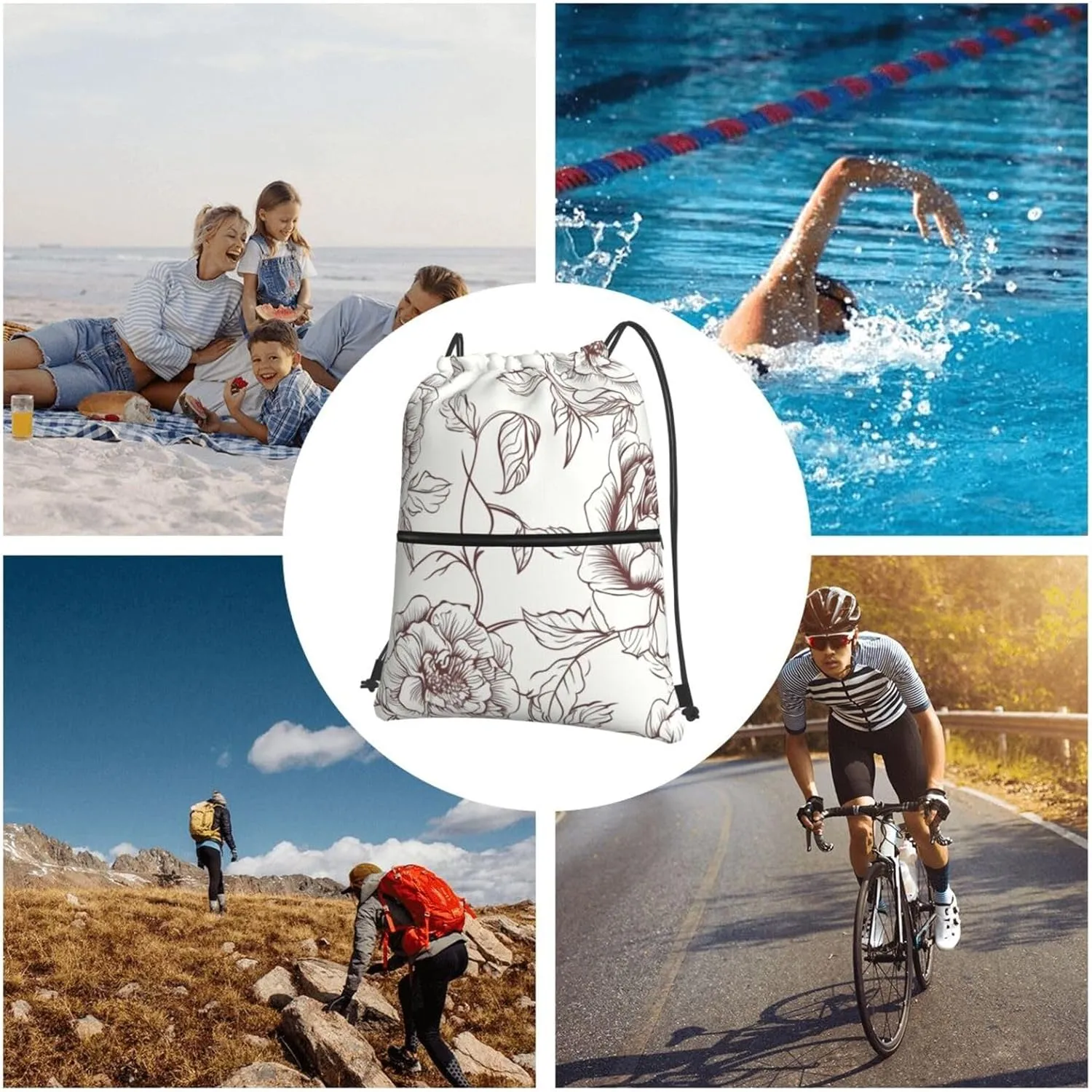 Drawstring Backpack Sports Gym Bags Line Floral Rose Flowers Design Drawstring Bags for Men Women Beach Bag String Bag