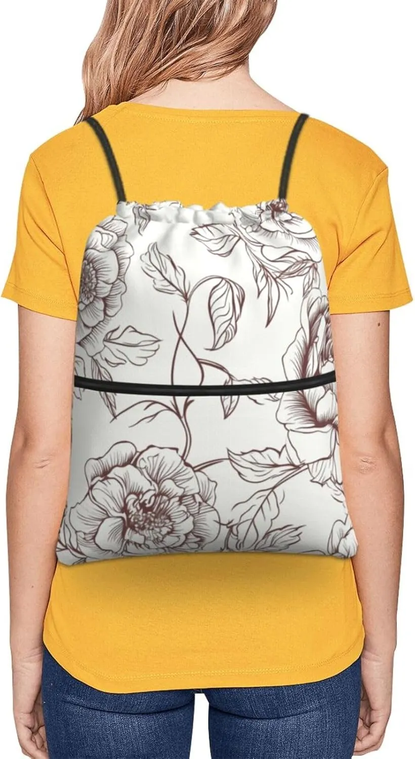 Drawstring Backpack Sports Gym Bags Line Floral Rose Flowers Design Drawstring Bags for Men Women Beach Bag String Bag