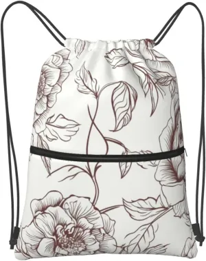 Drawstring Backpack Sports Gym Bags Line Floral Rose Flowers Design Drawstring Bags for Men Women Beach Bag String Bag