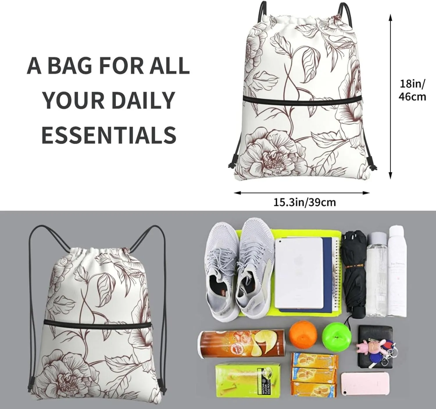 Drawstring Backpack Sports Gym Bags Line Floral Rose Flowers Design Drawstring Bags for Men Women Beach Bag String Bag