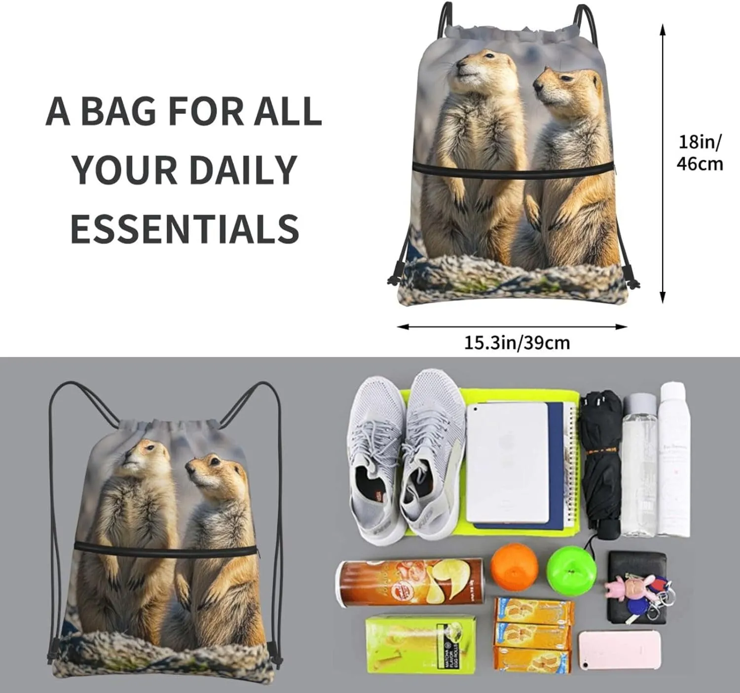 Drawstring Backpack Sports Gym Bags Two Prairie Dogs Drawstring Bags for Men Women Beach Bag String Bag