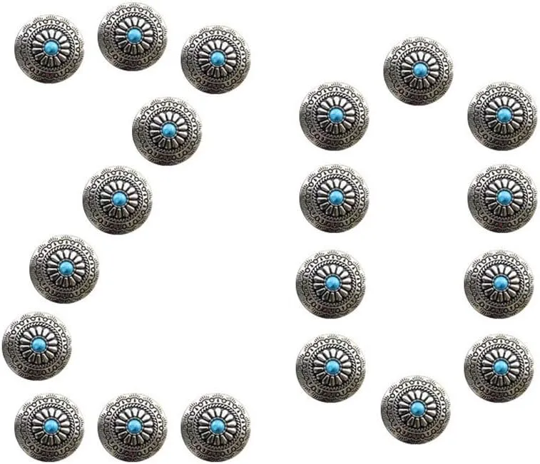 Duolai 20pcs Faux Turquoise Carved Lace Purses Leather Decorative Conchos Buttons Metal Stud Screw Back Rivet Personality Handmade Leather Product Accessories, silver