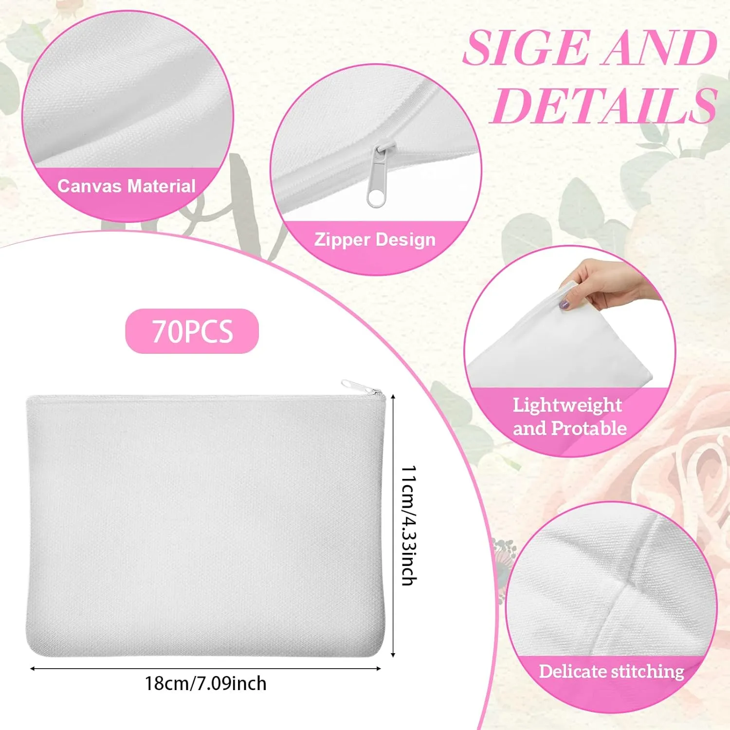 Eccliy 70 Pieces Sublimation Blank Canvas Makeup Bags Bulk Blank DIY Heat Transfer Cosmetic Makeup Bags Canvas Pen Case Pencil Bags Sublimation Pouch with Zipper(4.33 x 7.09 Inch,White)