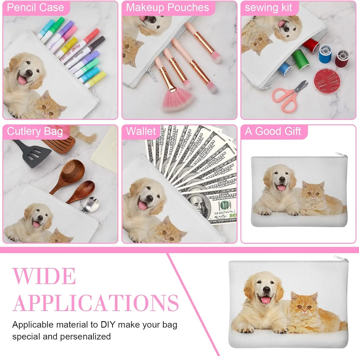 Eccliy 70 Pieces Sublimation Blank Canvas Makeup Bags Bulk Blank DIY Heat Transfer Cosmetic Makeup Bags Canvas Pen Case Pencil Bags Sublimation Pouch with Zipper(4.33 x 7.09 Inch,White)