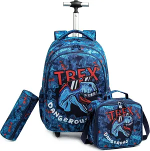 Egchescebo Kids Dinosaur Rolling Backpack for Boys Suitcases Trolley Backpacks with Wheels Roller Luggage Backpacks on Wheels with Lunch Box Pencil Case for Elementary Boys Travel school Bag Blue
