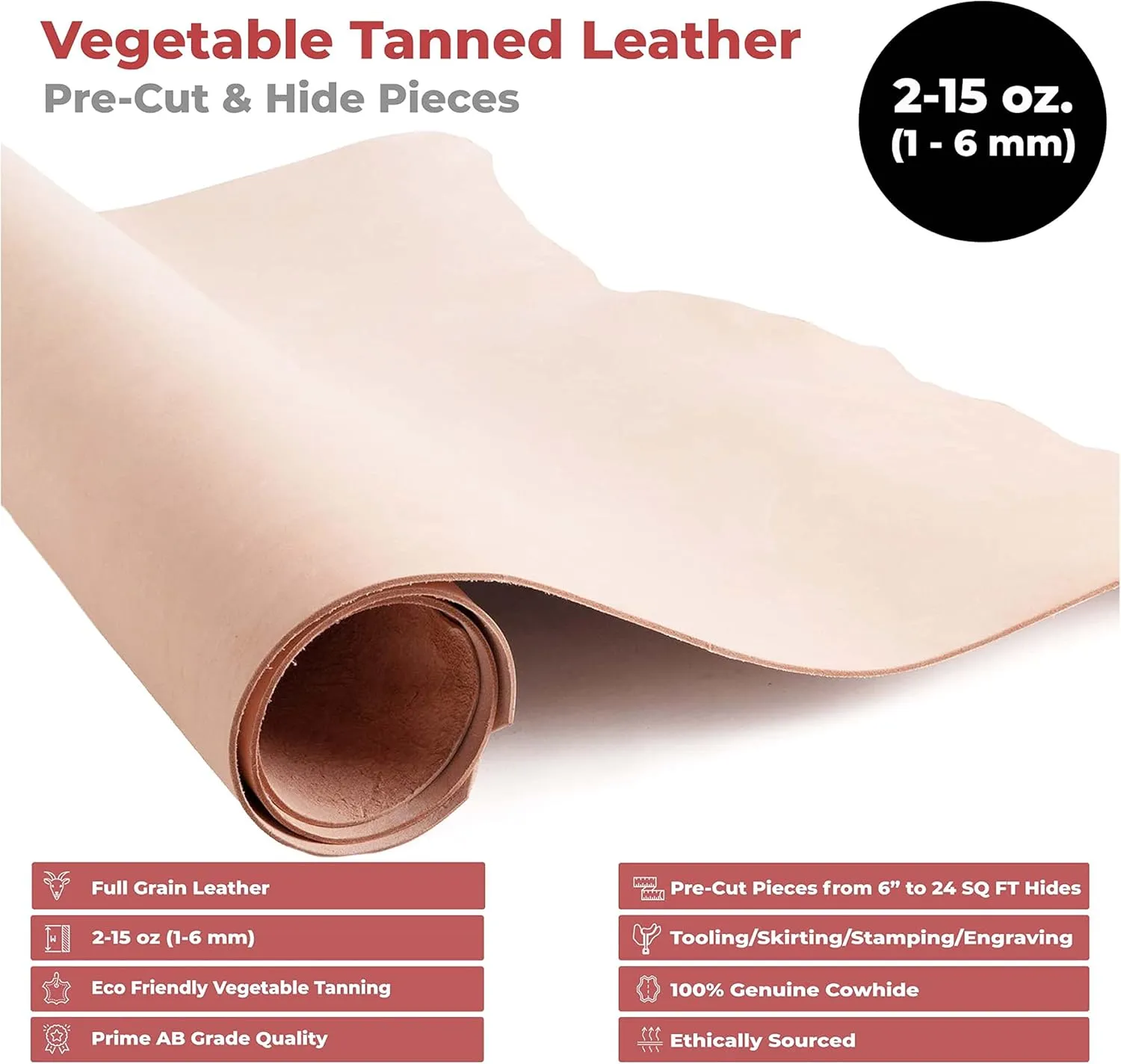 ELW 2-3 oz (1-1.4mm) Thickness Weight 12"x24" Vegetable Tanned Leather Cowhide Grade AB Full Grain Leather for Tooling, Carving, Engraving, Molding, Embossing, Stamping, & Dyeing