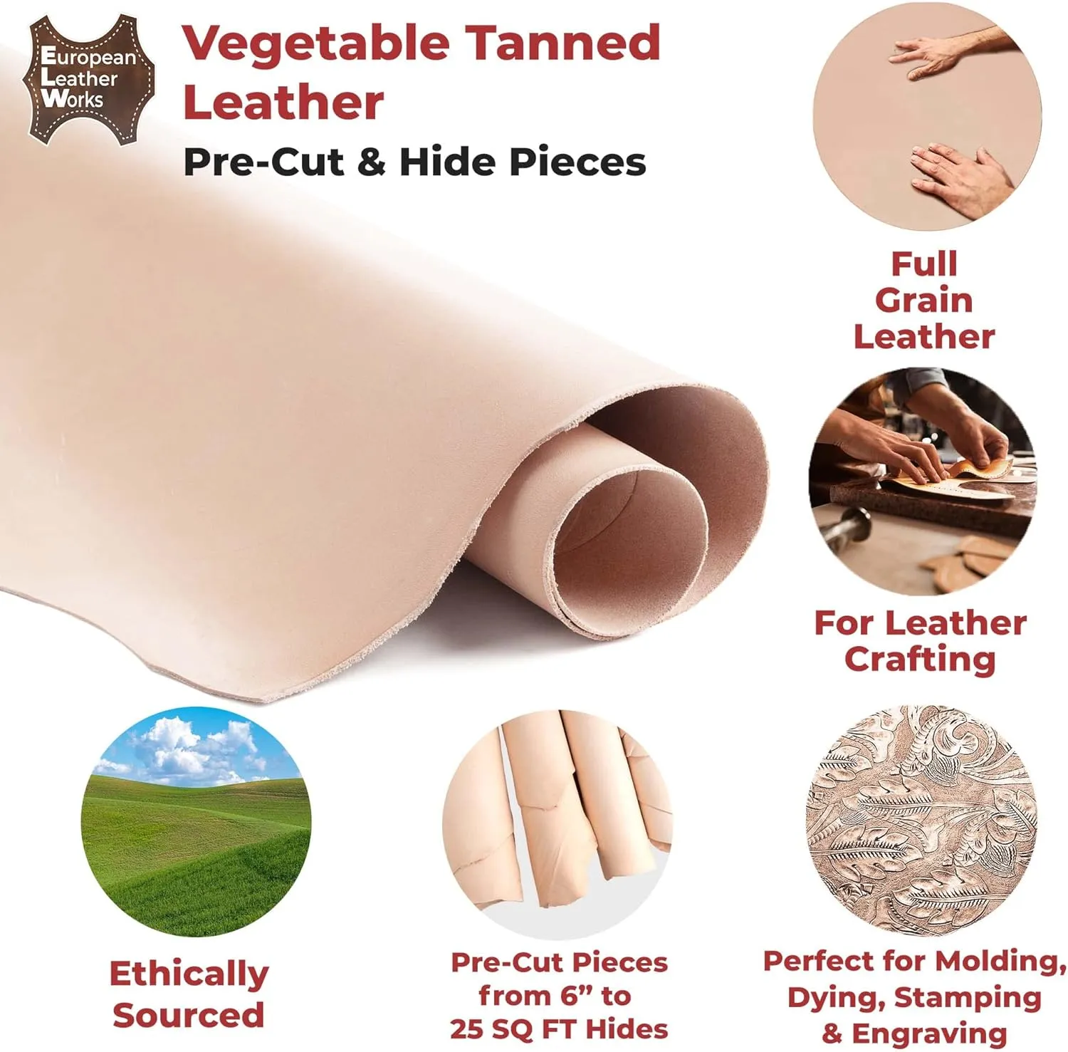 ELW 2-3 oz (1-1.4mm) Thickness Weight 12"x24" Vegetable Tanned Leather Cowhide Grade AB Full Grain Leather for Tooling, Carving, Engraving, Molding, Embossing, Stamping, & Dyeing
