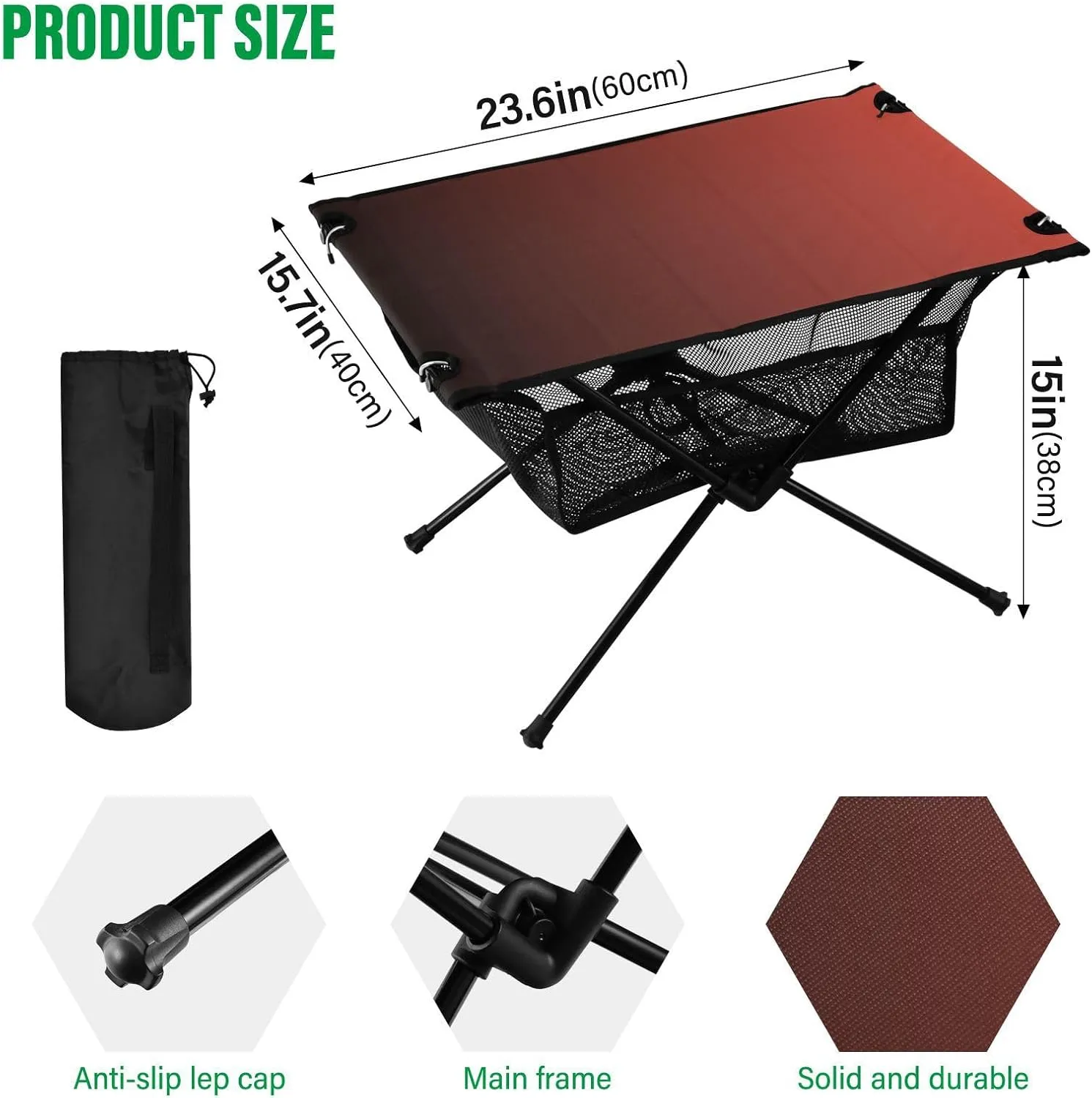 Emelivor Black Red Gradient Folding Camping Table Portable Beach Table with Carry Bag Small Foldable Table for Camping Outdoor Picnic Travel Cooking