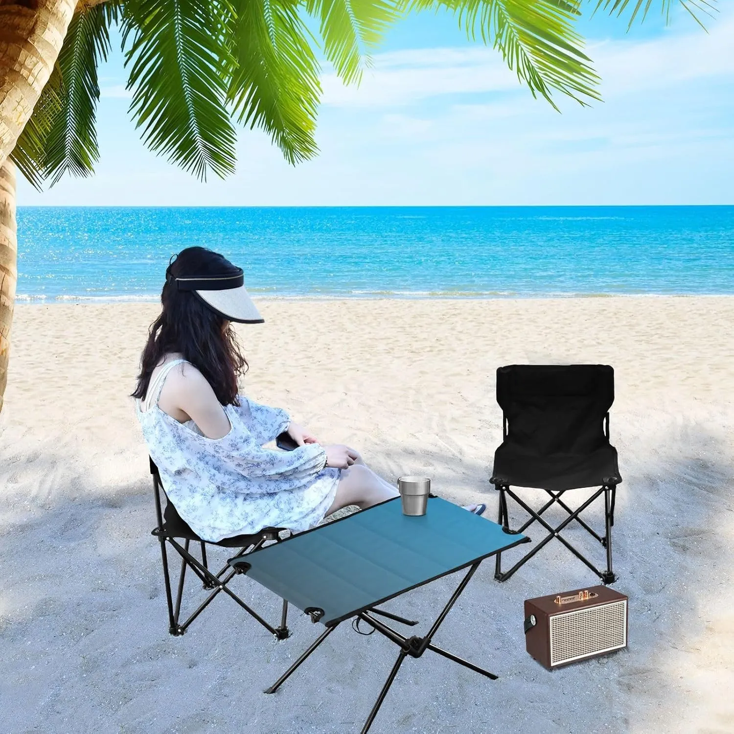 Emelivor Blue Gradient Folding Camping Table Portable Beach Table with Carry Bag Small Foldable Table for Camping BBQ Hiking Outdoor Travel