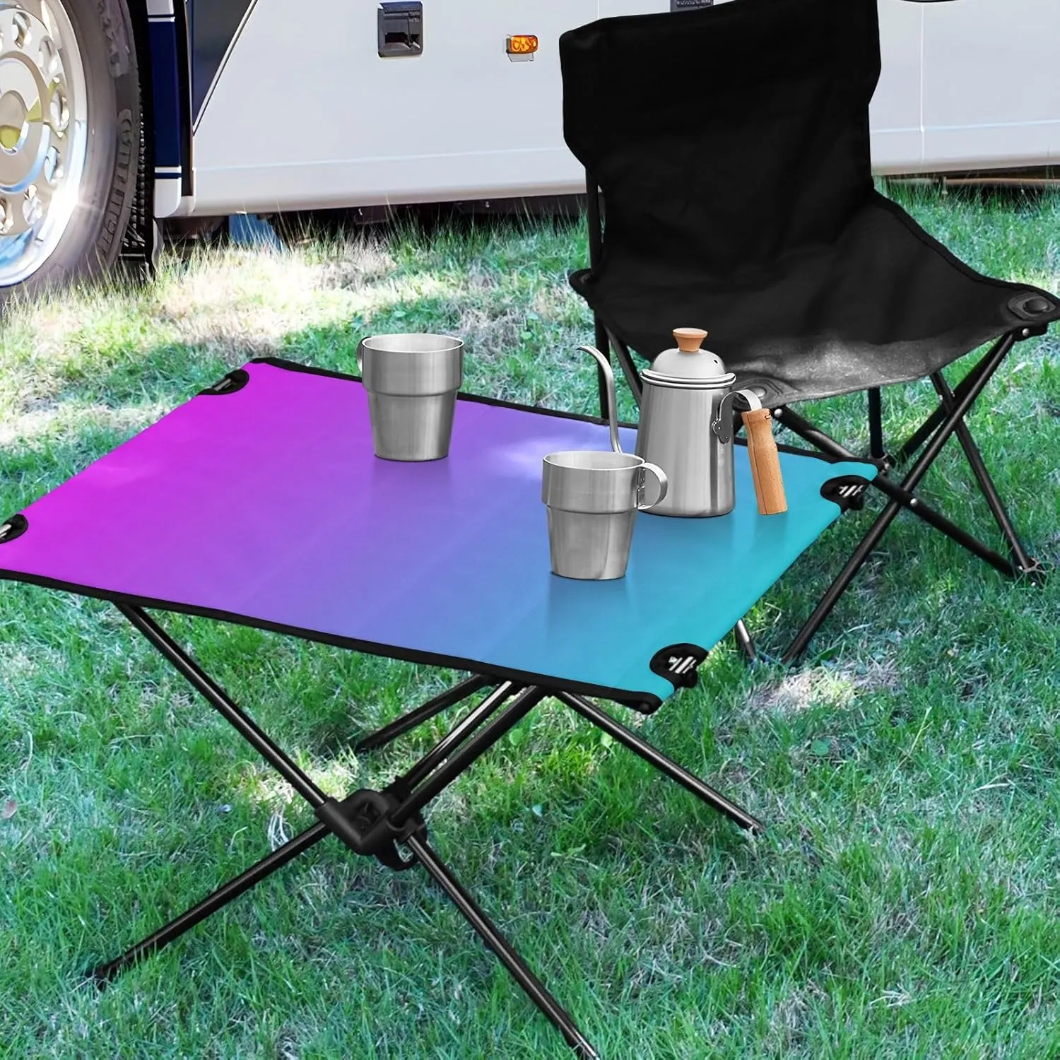 Emelivor Blue Purple Gradient Folding Camping Table Portable Beach Table with Carry Bag Small Picnic Table for Outdoor Hiking Camping Picnic Travel