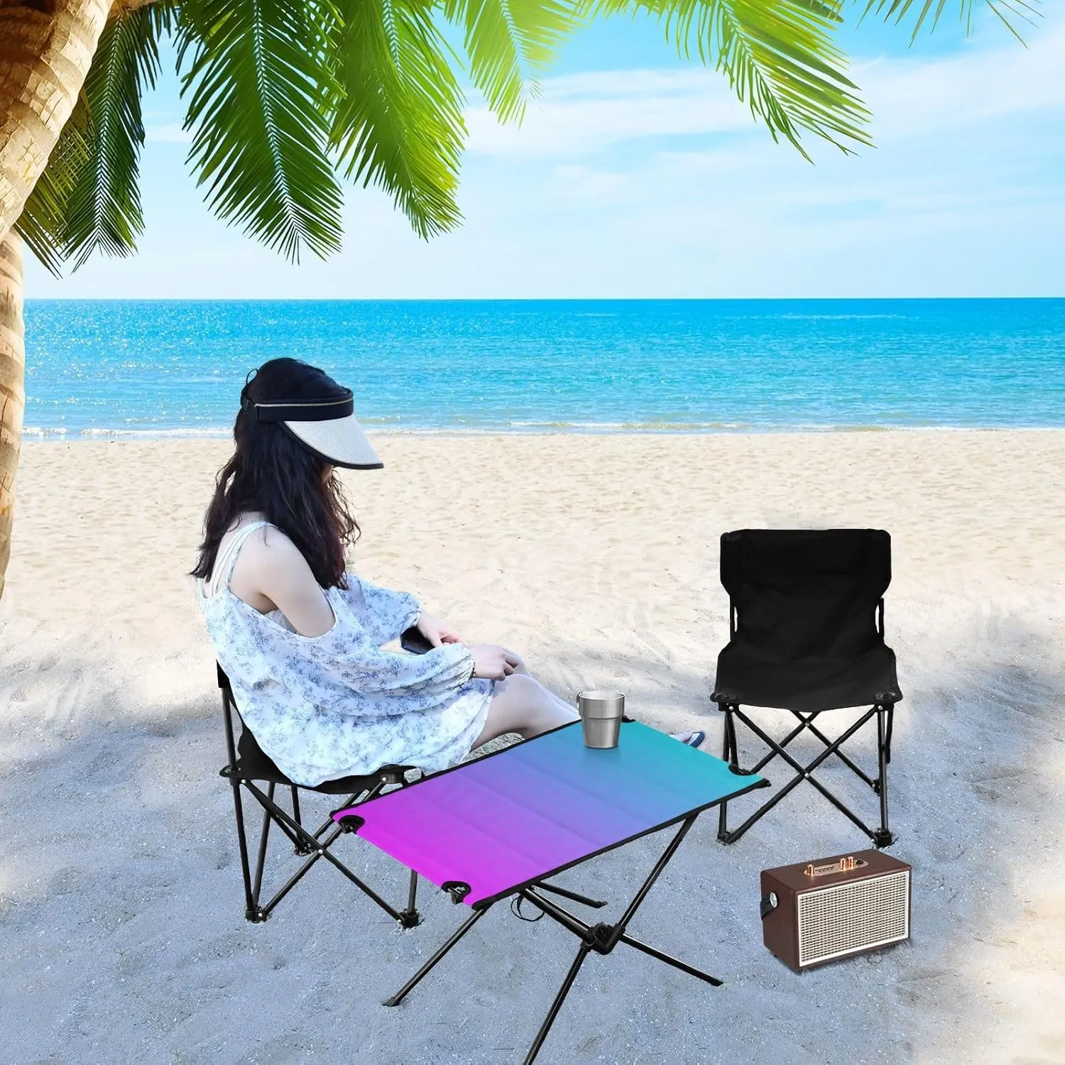 Emelivor Blue Purple Gradient Folding Camping Table Portable Beach Table with Carry Bag Small Picnic Table for Outdoor Hiking Camping Picnic Travel