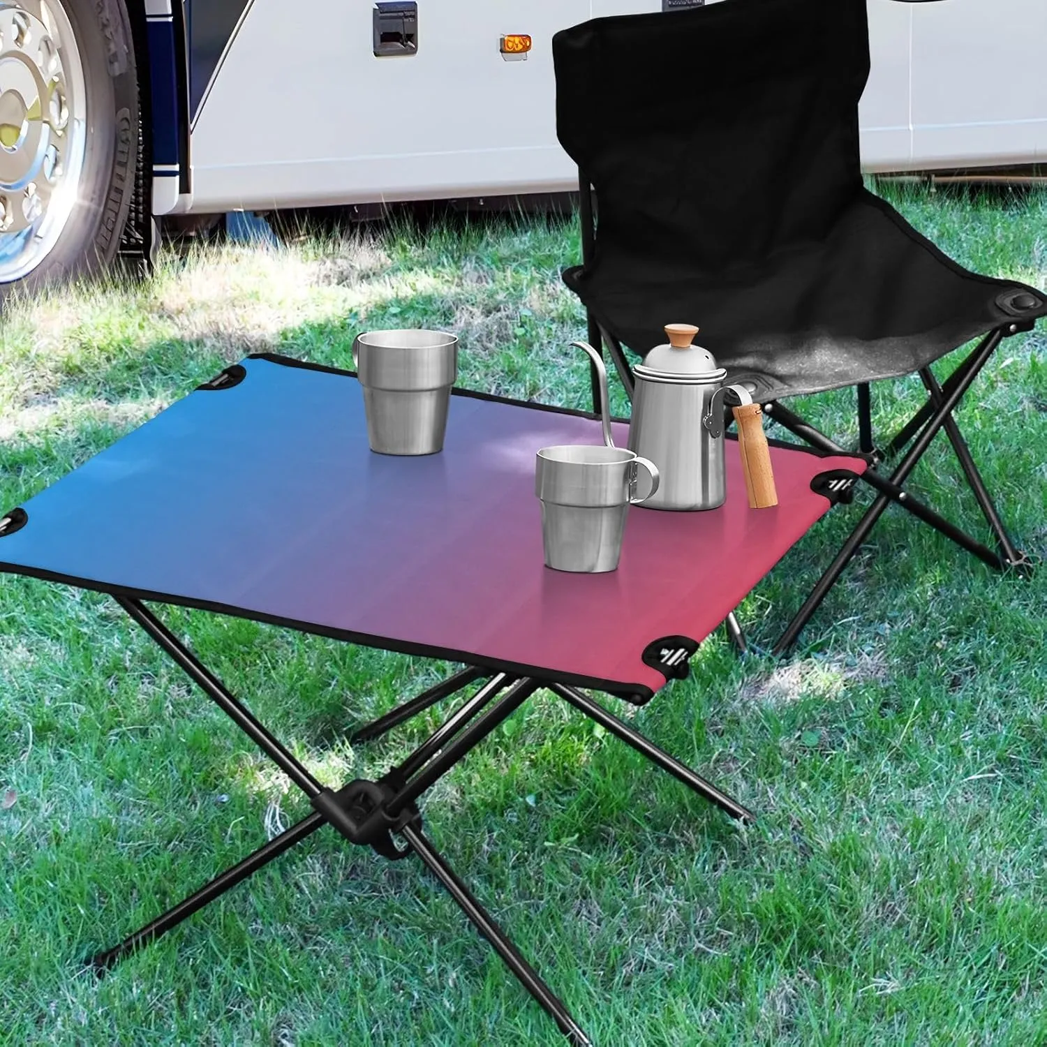 Emelivor Blue Red Gradient Folding Camping Table Portable Beach Table with Carry Bag Small Camp Table for Camping Picnic Cooking Travel Outdoor