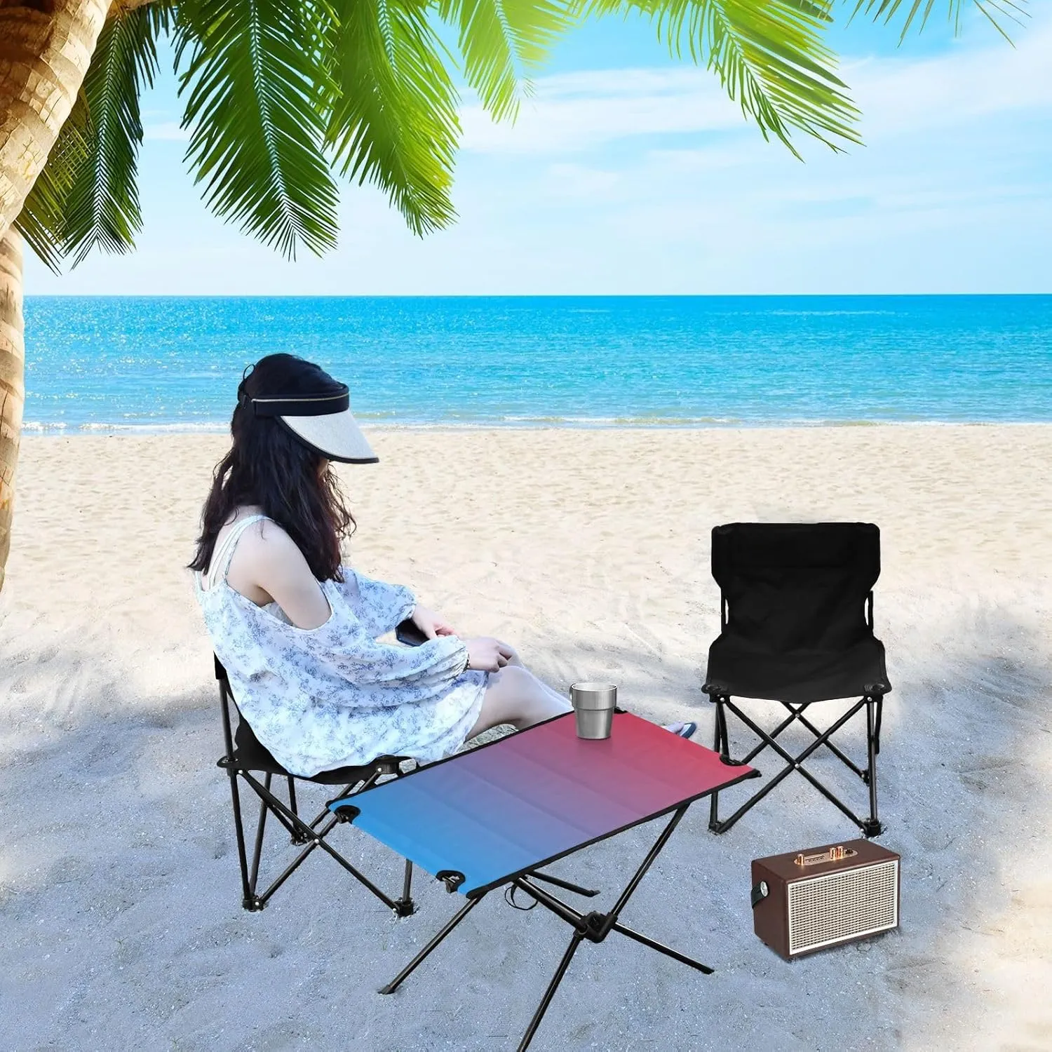 Emelivor Blue Red Gradient Folding Camping Table Portable Beach Table with Carry Bag Small Camp Table for Camping Picnic Cooking Travel Outdoor