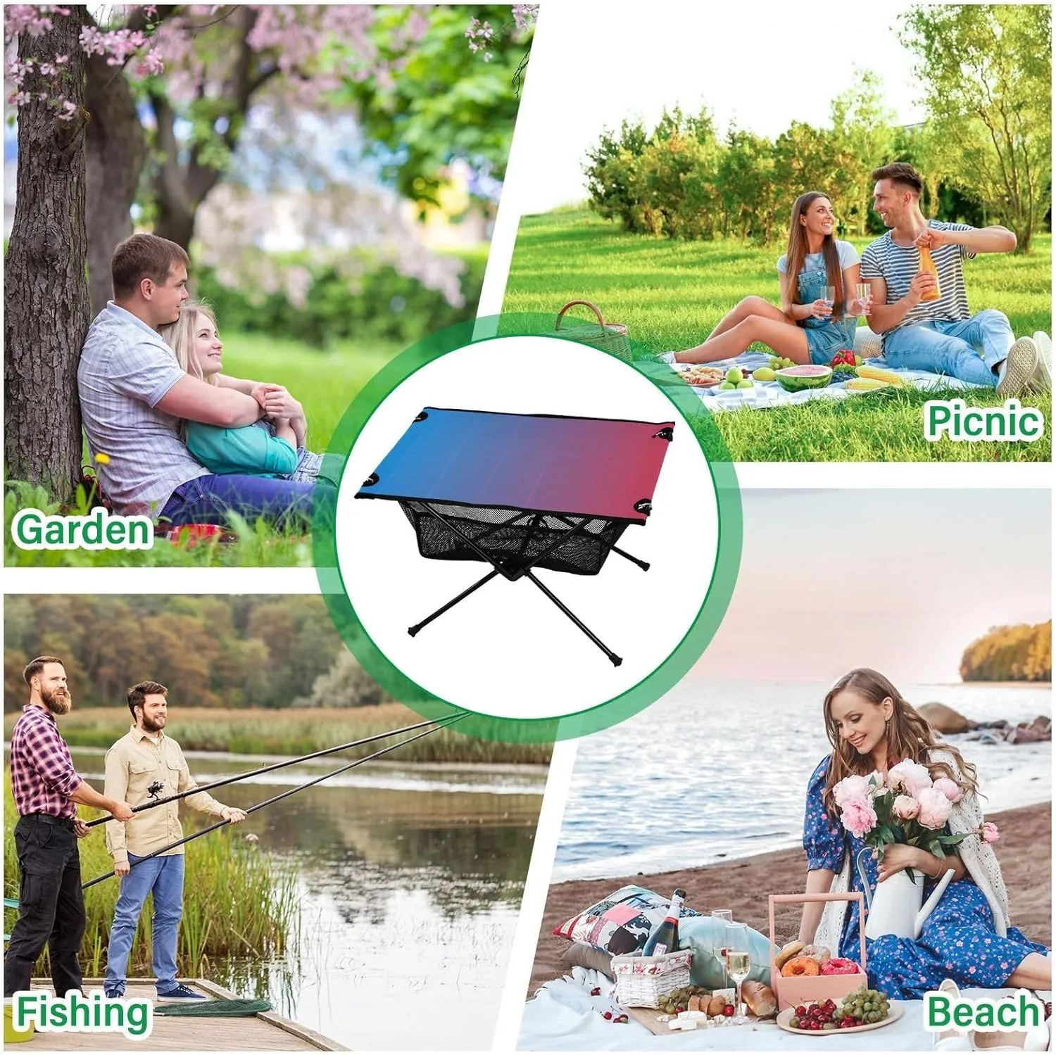 Emelivor Blue Red Gradient Folding Camping Table Portable Beach Table with Carry Bag Small Camp Table for Camping Picnic Cooking Travel Outdoor