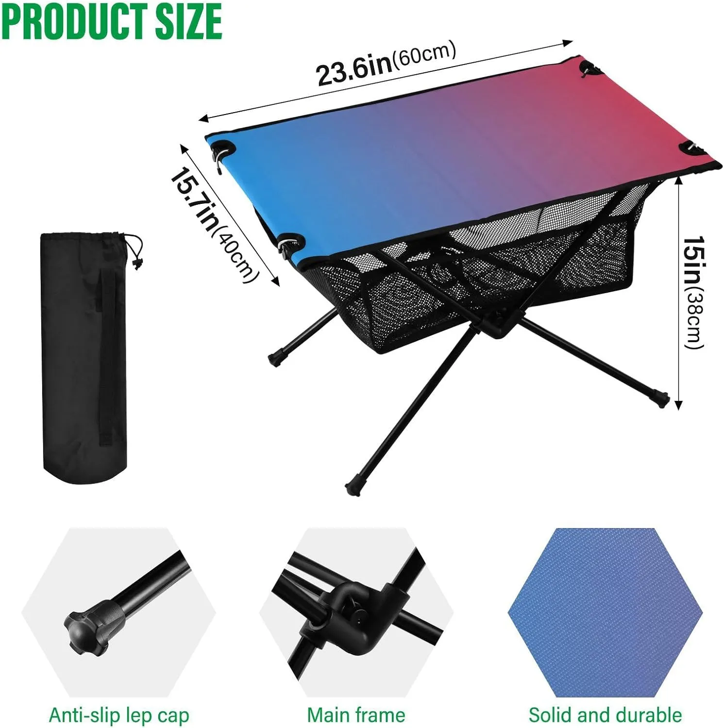 Emelivor Blue Red Gradient Folding Camping Table Portable Beach Table with Carry Bag Small Camp Table for Camping Picnic Cooking Travel Outdoor