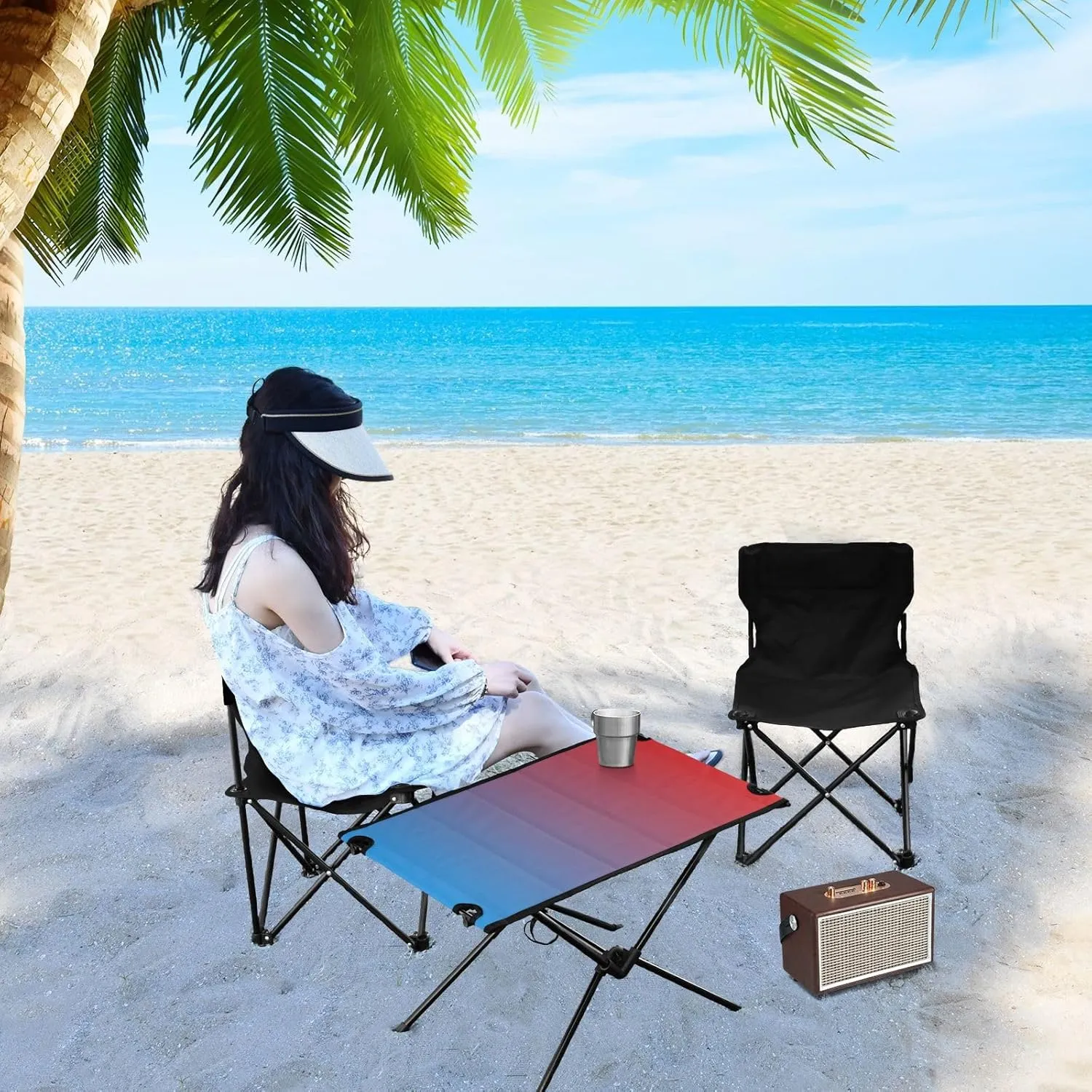 Emelivor Blue Red Gradient Folding Camping Table Portable Beach Table with Carry Bag Small Camping Side Table for Picnic Outdoor Fishing Camping Travel