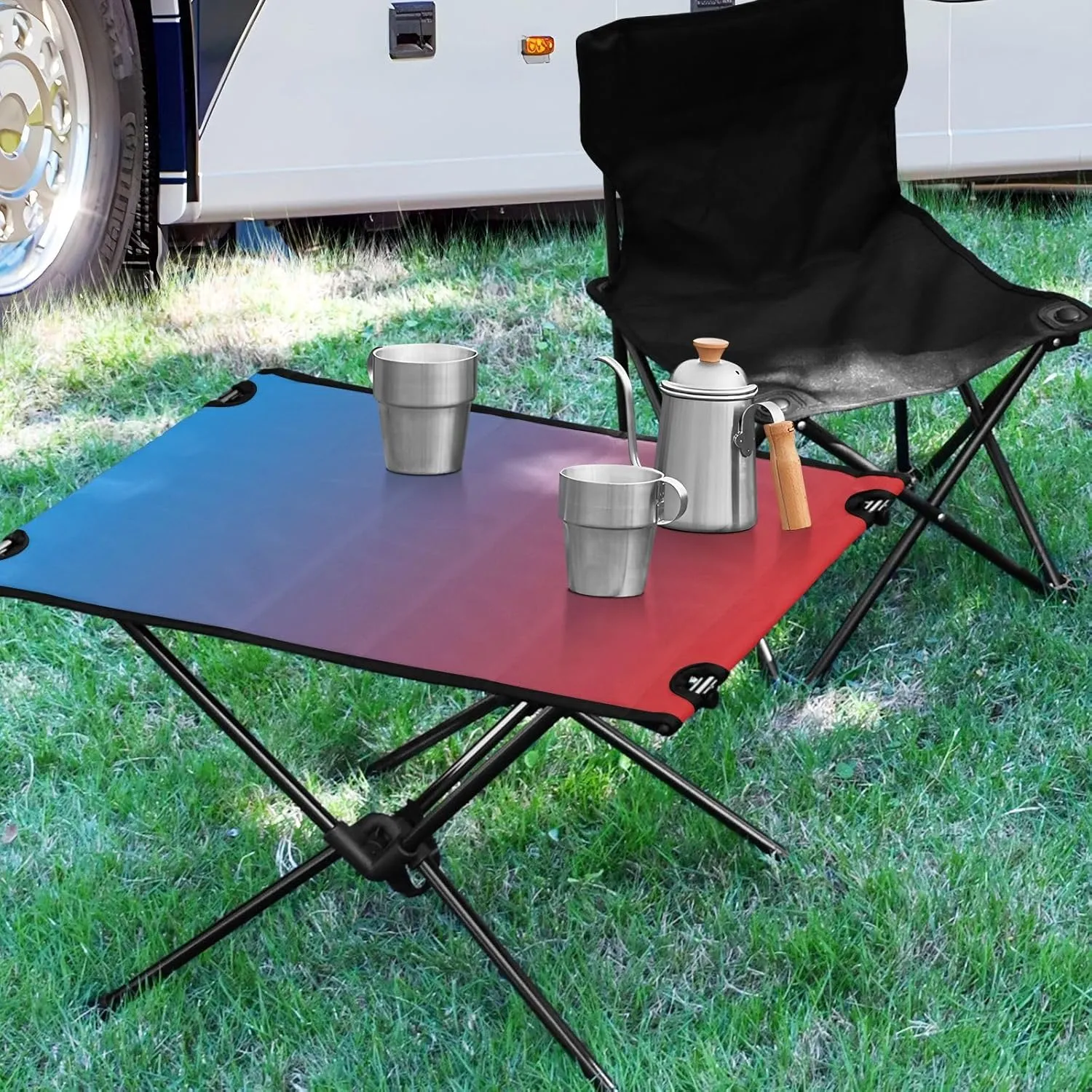 Emelivor Blue Red Gradient Folding Camping Table Portable Beach Table with Carry Bag Small Camping Side Table for Picnic Outdoor Fishing Camping Travel