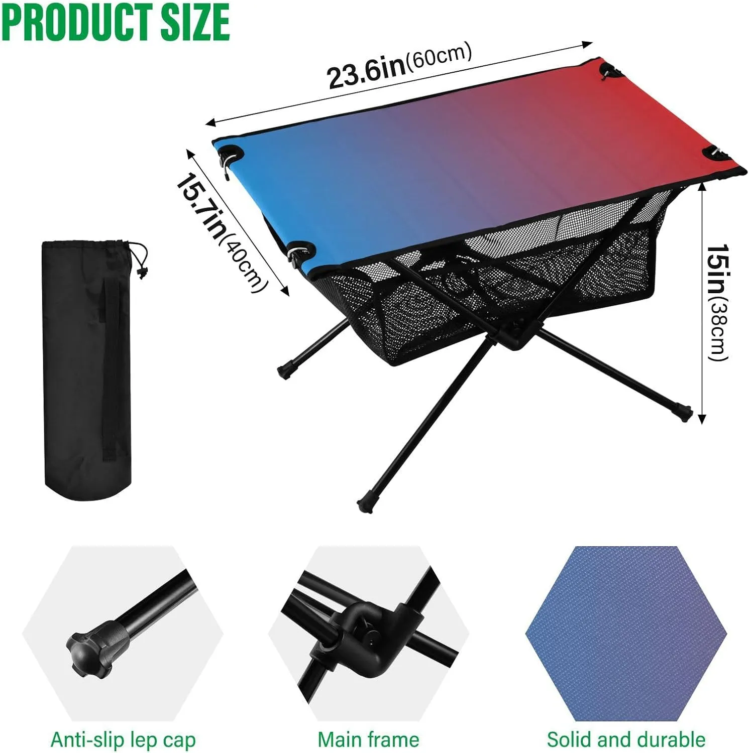 Emelivor Blue Red Gradient Folding Camping Table Portable Beach Table with Carry Bag Small Camping Side Table for Picnic Outdoor Fishing Camping Travel