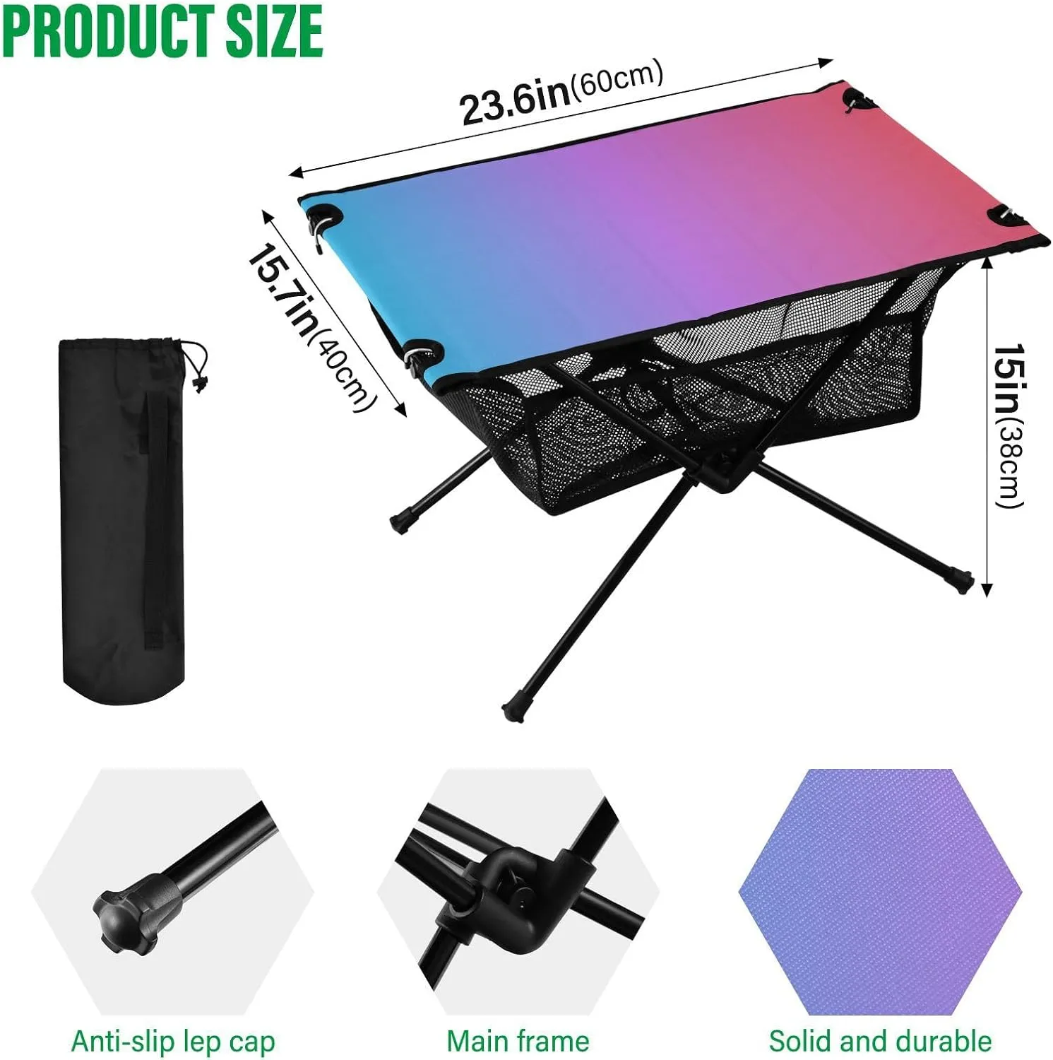 Emelivor Blue Red Gradient Folding Camping Table Portable Beach Table with Carry Bag Small Foldable Table for Camping Fishing Picnic Garden Outdoor
