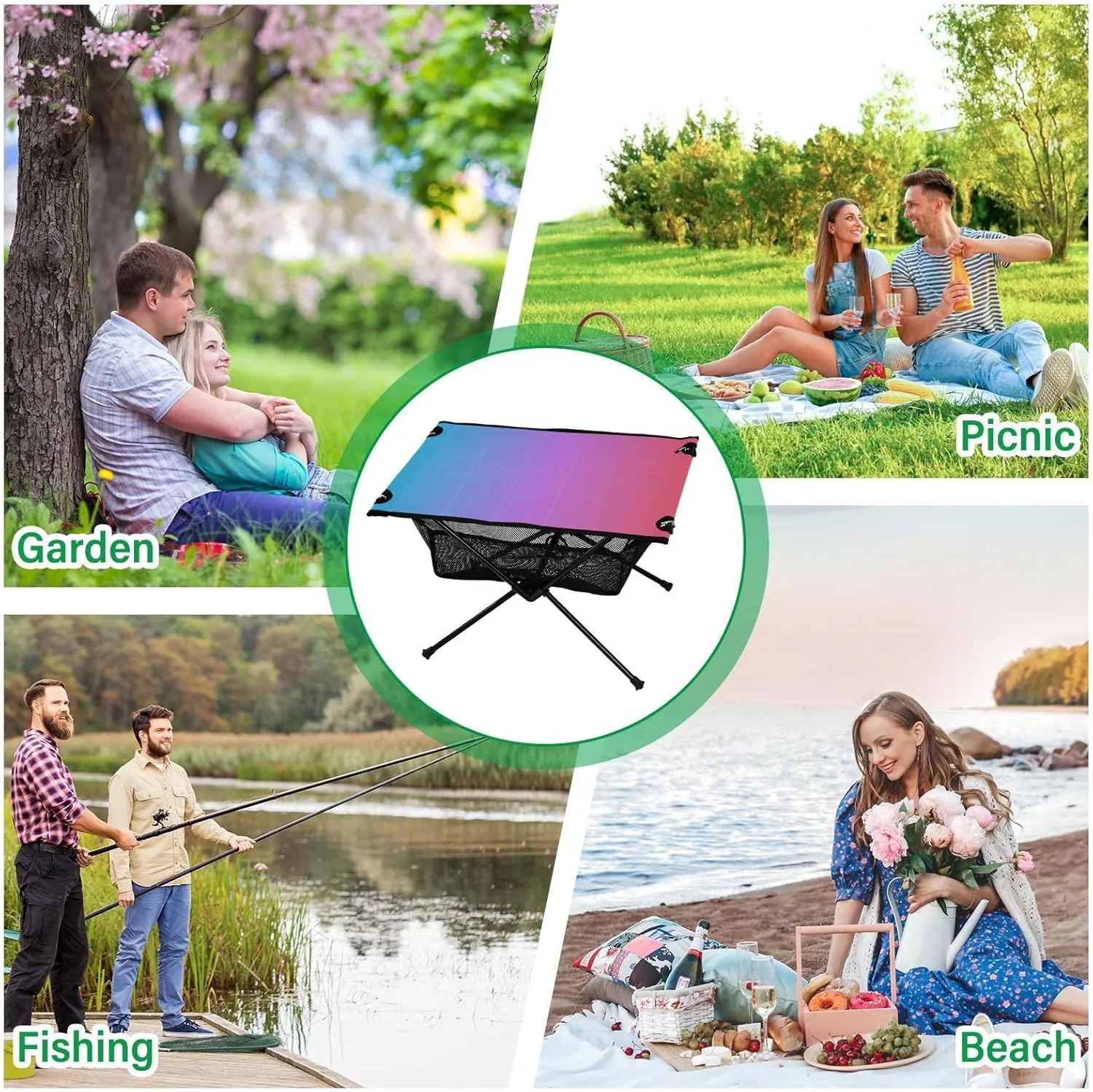 Emelivor Blue Red Gradient Folding Camping Table Portable Beach Table with Carry Bag Small Foldable Table for Camping Fishing Picnic Garden Outdoor