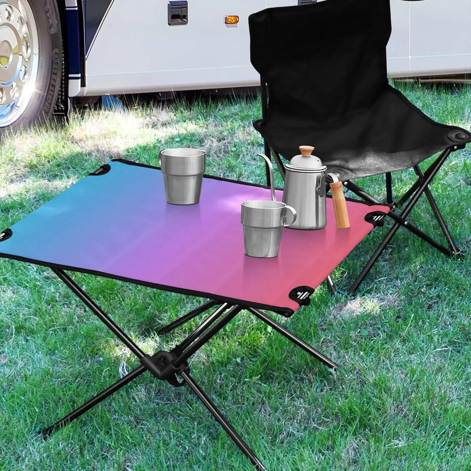 Emelivor Blue Red Gradient Folding Camping Table Portable Beach Table with Carry Bag Small Foldable Table for Camping Fishing Picnic Garden Outdoor
