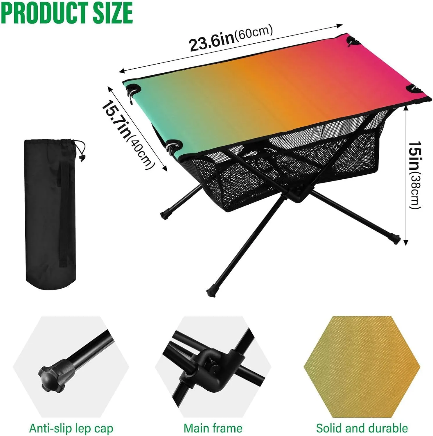 Emelivor Green Red Gradient Folding Camping Table Portable Beach Table with Carry Bag Small Collapsible Table for Outdoor Hiking Picnic Travel Beach