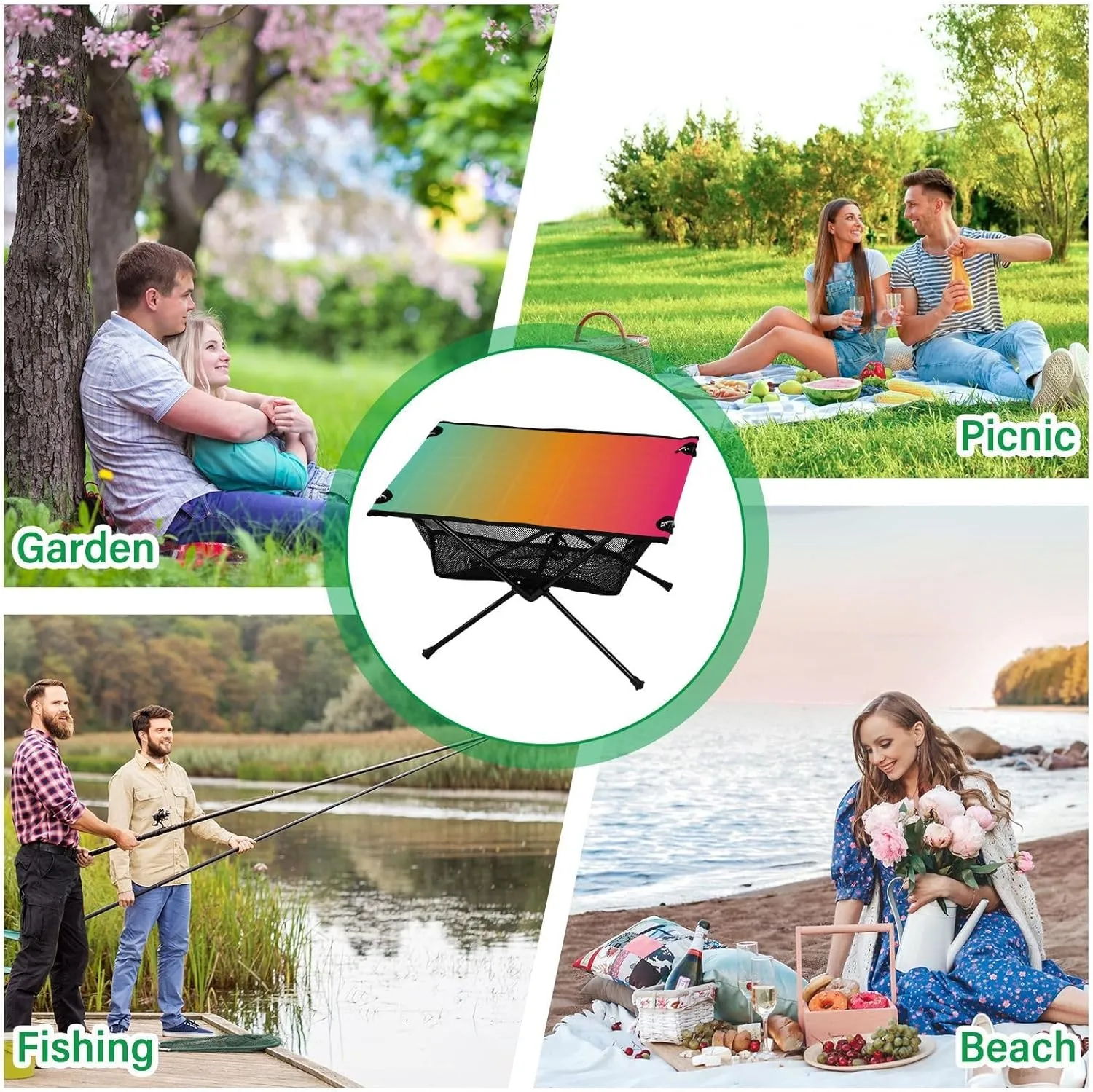 Emelivor Green Red Gradient Folding Camping Table Portable Beach Table with Carry Bag Small Collapsible Table for Outdoor Hiking Picnic Travel Beach