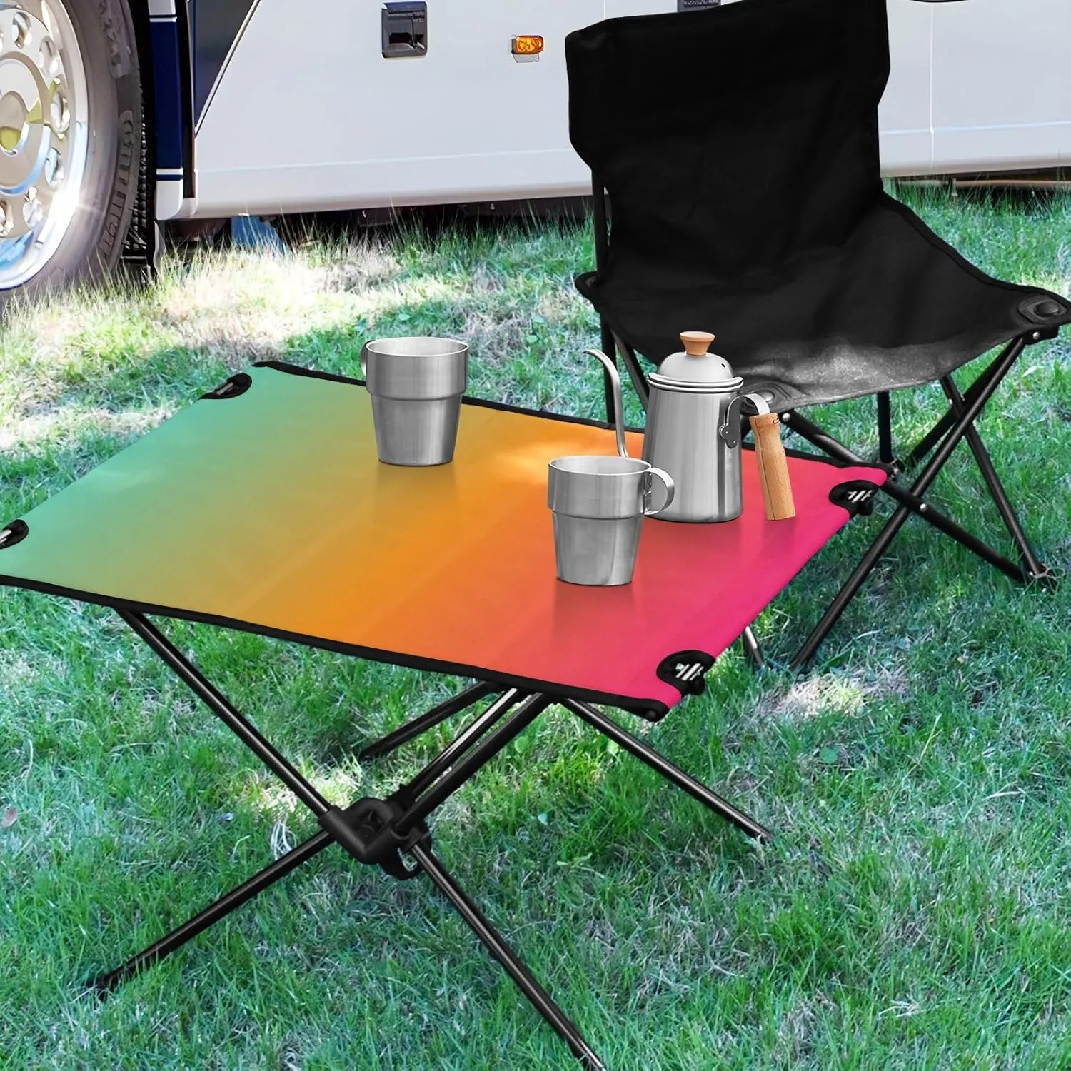 Emelivor Green Red Gradient Folding Camping Table Portable Beach Table with Carry Bag Small Collapsible Table for Outdoor Hiking Picnic Travel Beach