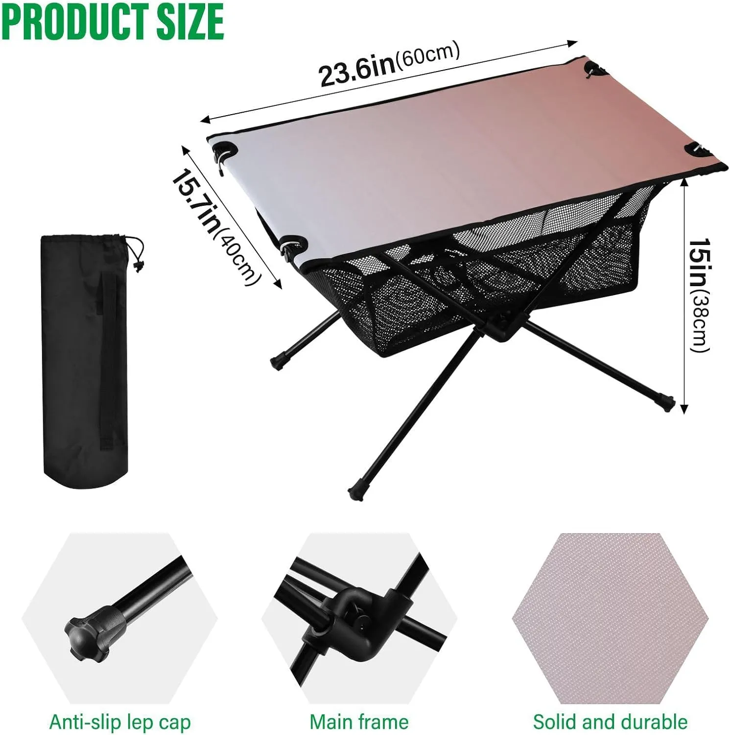 Emelivor Pink Gradient Folding Camping Table Portable Beach Table with Carry Bag Small Foldable Table for Camping Hiking Picnic Cooking Travel